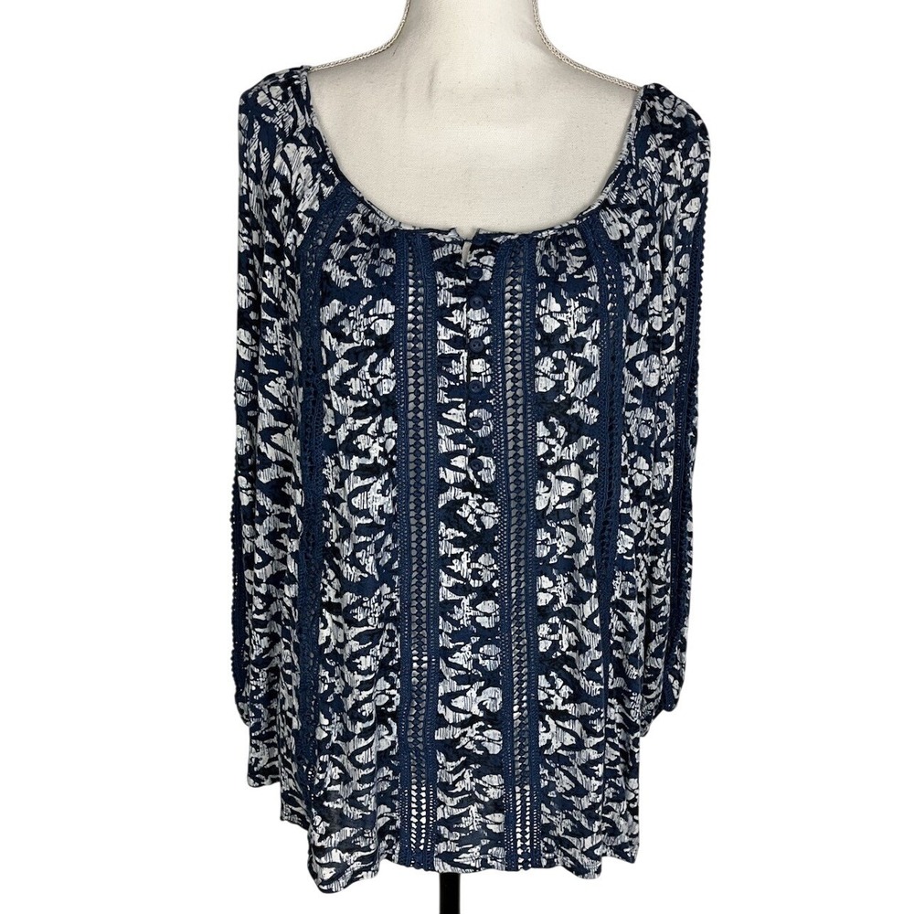 Lucky Brand Printed Knit and Lace Top Size  XS Crochet Relaxed Boho Blouse‎